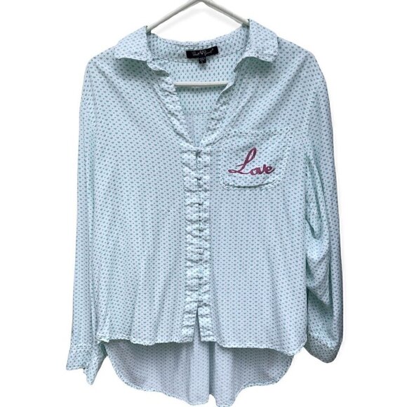 Hearts Pattern Valentine’s Green White LOVE Button Up High Low Hem Top Women’s L - Picture 3 of 12